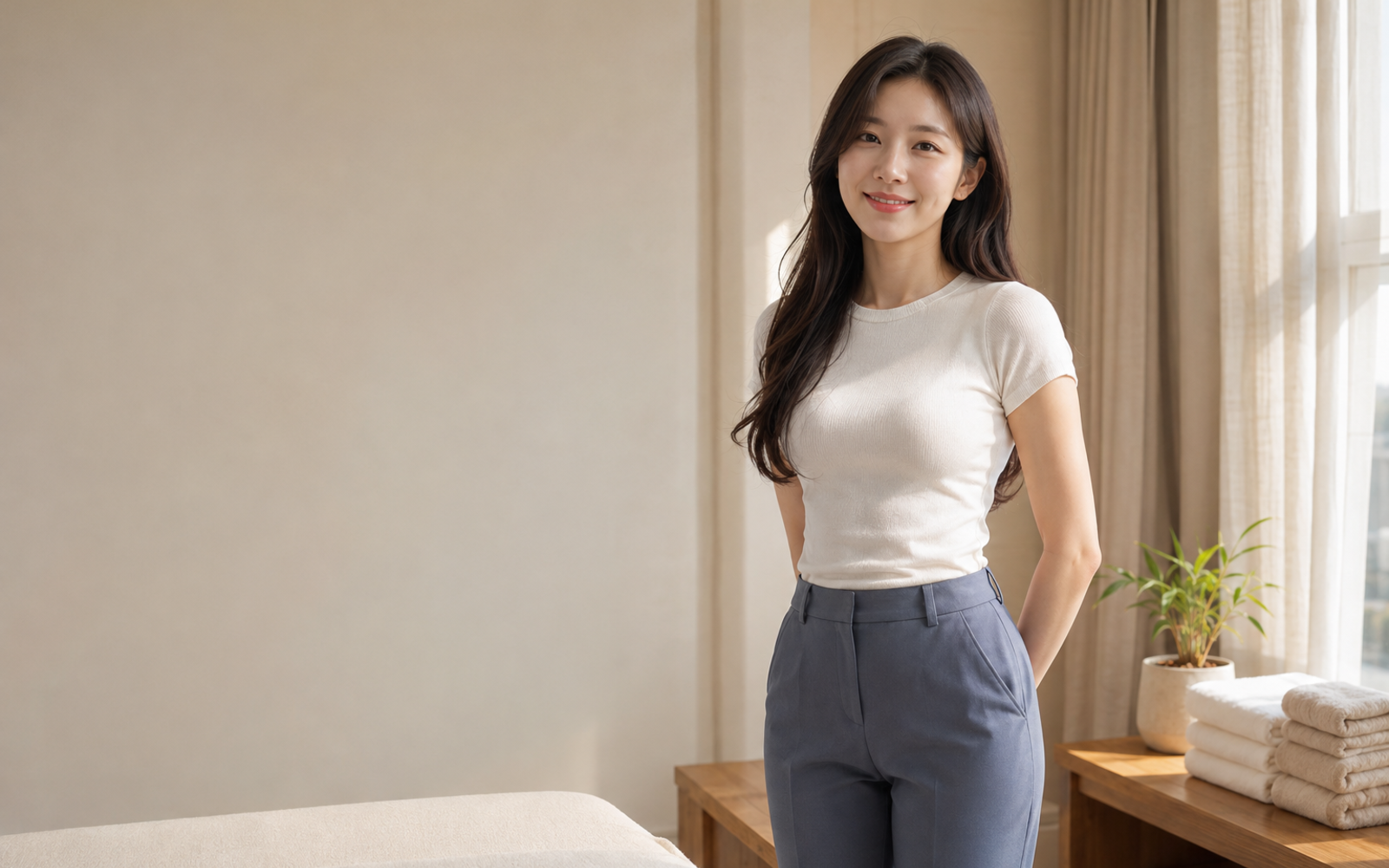 인천 영종구 방문 홈케어를 안내하는 젊은 성인 한국 여성 관리사